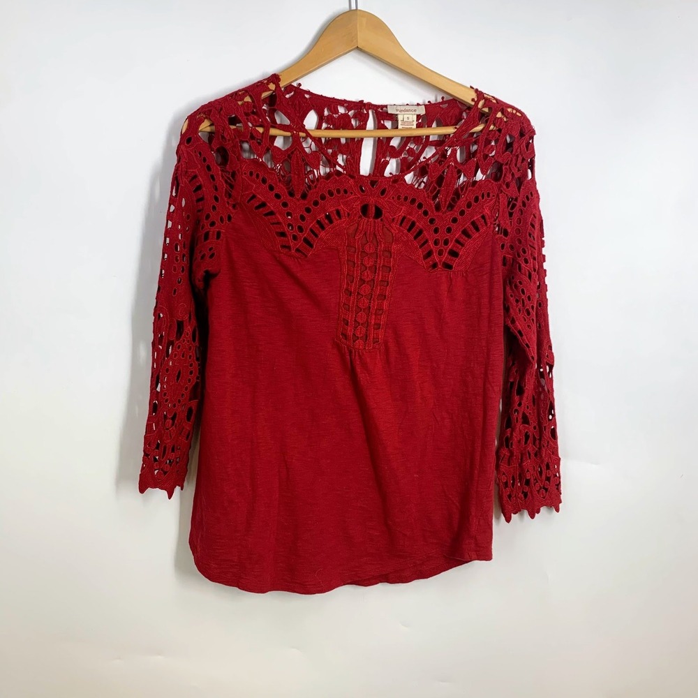 Sundance Red Crochet Lace Yoke Slub Knit Long Sleeve Top Boho Romantic Size S